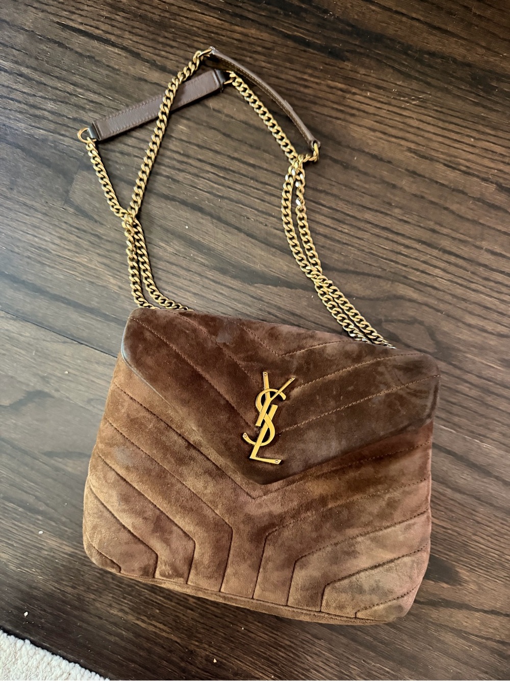 Saint Laurent Brown Suede Quilted YSL Chain Shoulder Bag